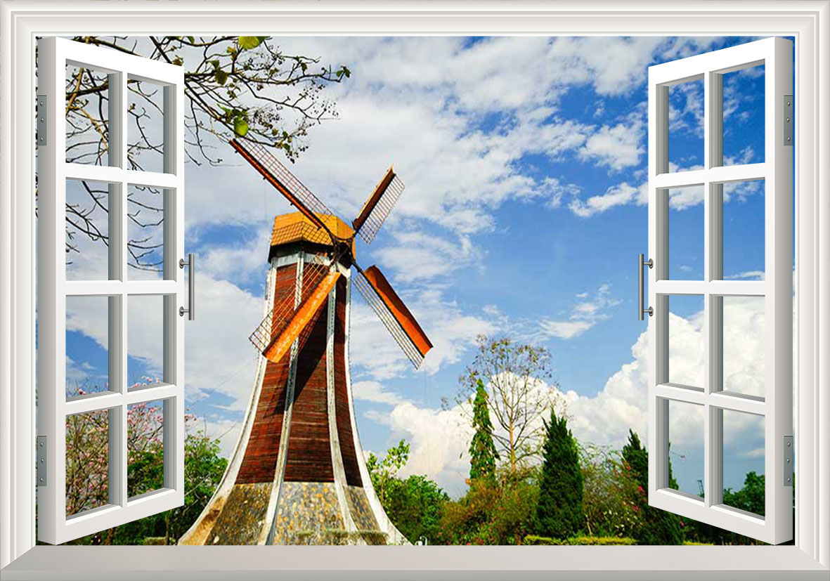 Tranh 3D cửa sổ cối xây gió Hà Lan