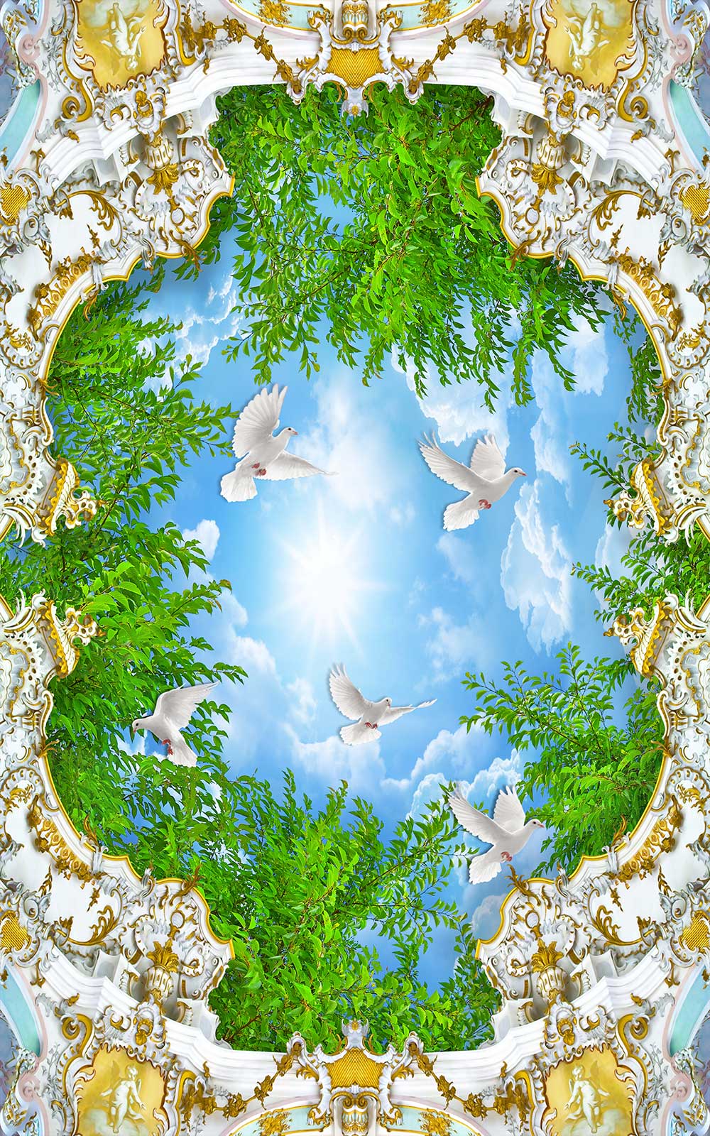 tranh dán  trần 3d bầu trời, cây xanh và chim bồ câu