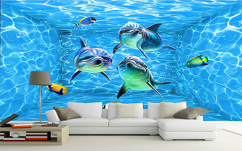 Tranh dán tường 3D căn phòng cá heo
