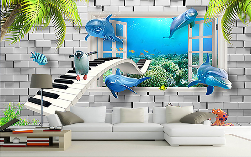Tranh dán tường 3D cửa sổ đàn cá heo vui cùng chim cánh cụt