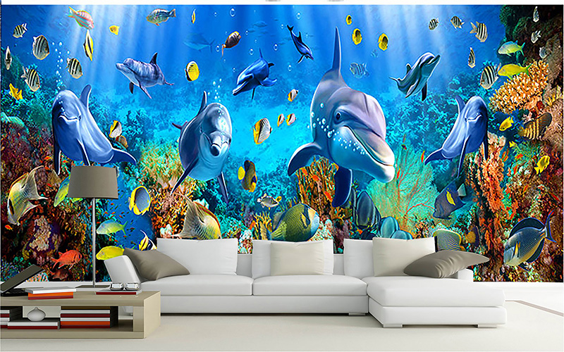 Tranh dán tường 3D đàn cá heo vui cùng bạn