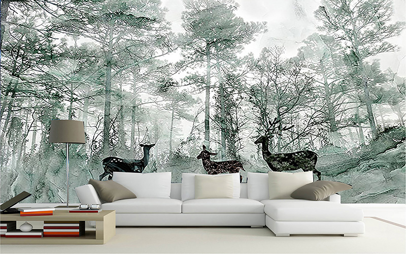 Tranh dán tường 3D rừng cây và đàn hươu