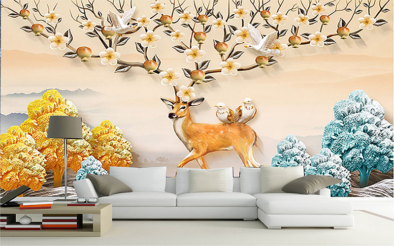 Tranh dán tường 3D hươu sừng hoa và cây vàng cây bạc