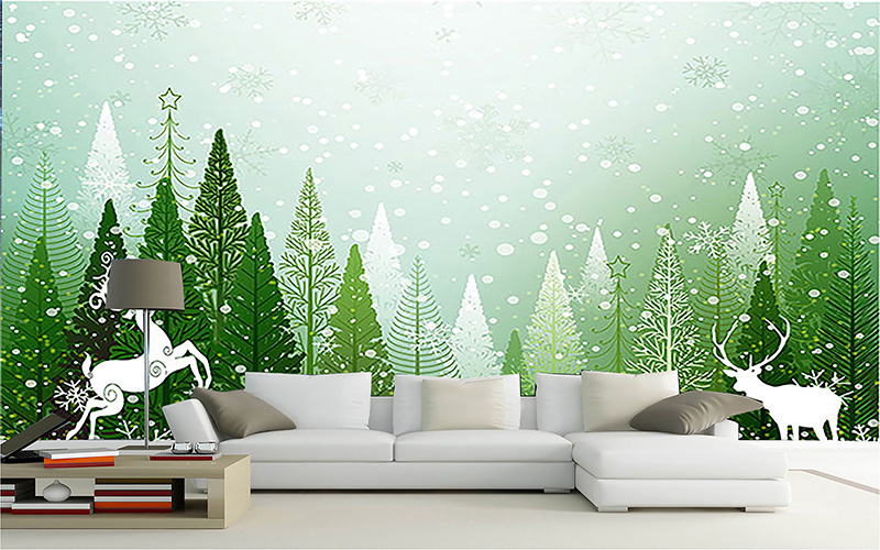 Tranh dán tường 3D đôi hươu bên rừng thông xanh đón tuyết rơi