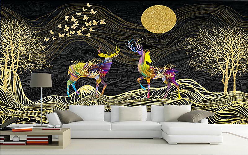 Tranh dán tường 3D sắc vàng cùng đôi hươu nghệ thuật