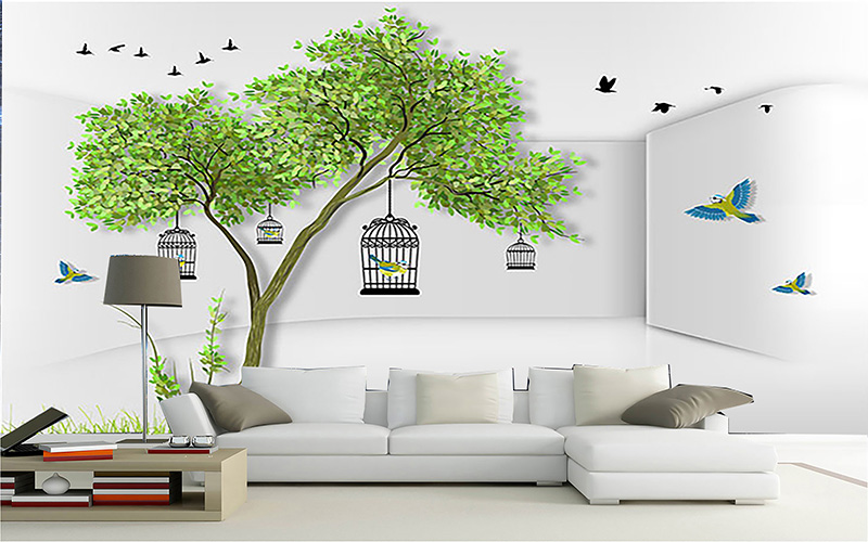 Vải dán tường 3D cây xanh và lồng chim