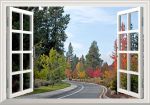 Tranh dán tường cửa sổ 3D con đường mùa thu lá đỏ