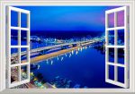 Tranh dán tường cửa sổ 3D cảnh đêm trên thành phố biển
