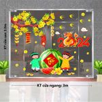 DECAL TRANG TRÍ TẾT HAI BÉ ĐÓN XUÂN BÊN TRÁI DƯA HẤU VÀ CÀNH MAI VÀNG