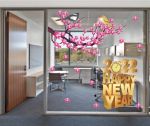 DECAL TRANG TRÍ TẾT CÀNH ĐÀO HỒNG VÀ HAPPY NEW YEAR 2022 3D