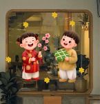 DECAL DÁN KÍNH TRANG TRÍ TẾT HAI BÉ DÂN GIAN ĐÓN TẾT