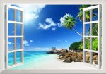 Tranh cửa sổ 3D bãi biển và dừa xanh