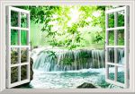 Tranh dán tường cửa sổ 3D thác nước  và lá xanh