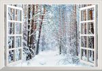 Tranh dán tường cửa sổ 3D hàng cây khô trong tuyết trắng