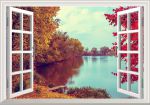 Tranh 3D cửa sổ ven hồ lá đỏ