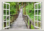 Tranh cửa sổ 3D cây cầu gỗ dẫn vào rừng Chiang Mai Thailand